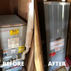 Before and after photos of a furnace replacement in a mobile home