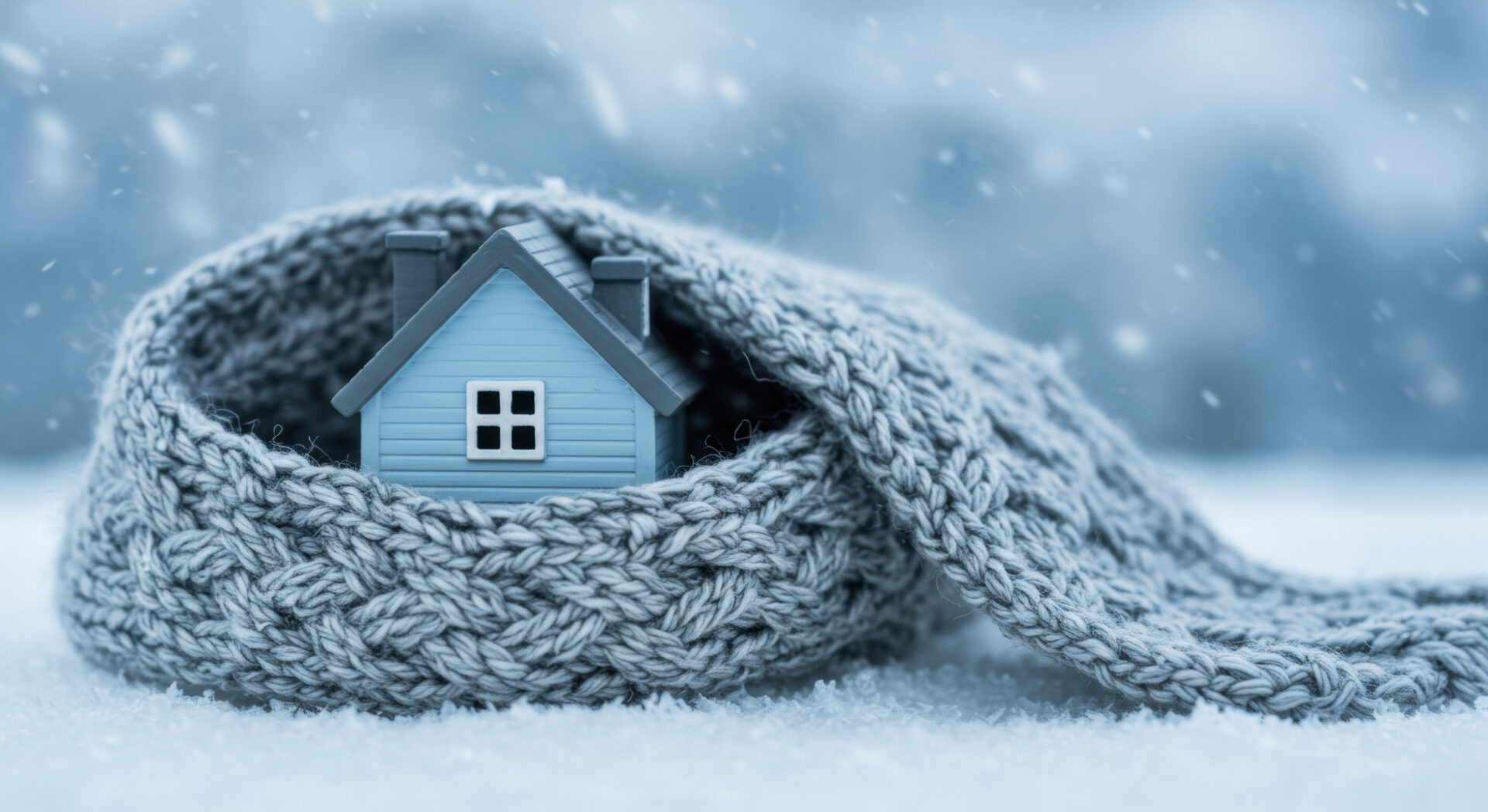 Miniature house model wrapped in a gray knitted scarf
